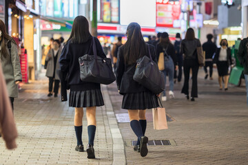 夜の渋谷センター街を歩く制服の女子高生の後ろ姿