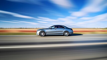 Fototapeta na wymiar Sleek silver car driving down a road with a motion blur effect, AI-generated.