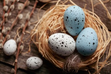 Easter concept, colored eggs in nest with willow