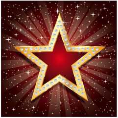 golden star with diamonds on red starburst