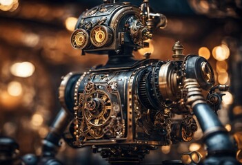 Fototapeta premium AI generated illustration of a robot composed with various gears in steampunk style
