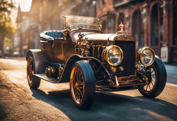 AI generated illustration of an old vintage car parked on a city street