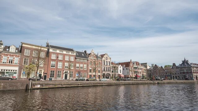 Haarlem Netherlands time lapse, city skyline at canal waterfront