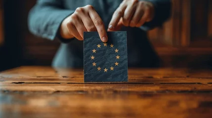 Fotobehang European Union parliament election, closeup on hand holding envelope over EU flag voting box  © Rawf8