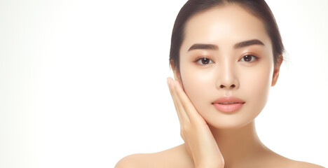 Beautiful young asian woman with clean perfect skin. Portrait of beauty model with natural makeup and touching her face.
