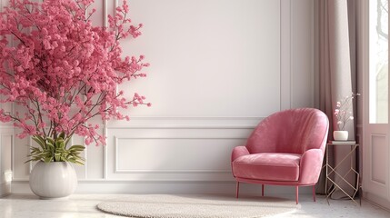 Exquisite pink wall, pink sofa, and pink achromatic interior design and big copy space, Generative AI.