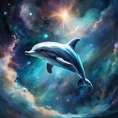 AI generated illustration of a playful dolphin swimming in space