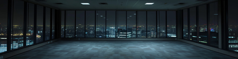 empty night time office space with lit city panorama visible in the background (1) - obrazy, fototapety, plakaty