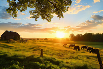 cows grazing in a meadow, dairy farm, sunset (2) - obrazy, fototapety, plakaty