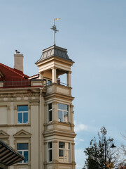 Beautiful facade of a house on Gediminas Avenue. Architecture of the center of Vilnius
