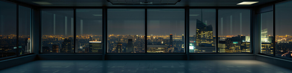 empty night time office space with lit city panorama visible in the background (5)
