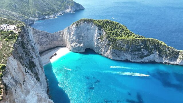 Aerial drone view of Navagio beach on Zakynthos island, Greece. Shipwreck on the beach in Zakynthos island, Greece. Shipwreck Beach or Agios Georgios. is exposed cove in the Ionian Islands of Greece.