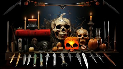 AI generated illustration of an array of lit candles, skulls and sharp knives on a shelf