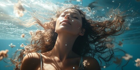 Young woman in the ocean water, her hair tossed by the gentle sea breeze, AI-generated. - obrazy, fototapety, plakaty