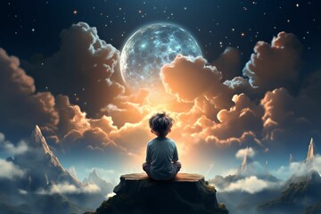 AI generated illustration of A young boy atop a mountain, transfixed by the awe-inspiring sight. - obrazy, fototapety, plakaty