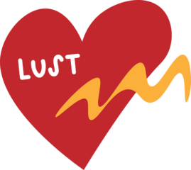 red heart with word lust written in it