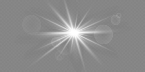 White glowing light explodes on a transparent background. A flash of a star and a glare of rays.