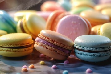 AI generated illustration of an assortment of colorful macarons arranged in a pleasing display