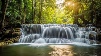 AI generated illustration of a waterfall cascading down a green forest at golden sunset