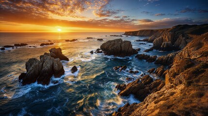 Rugged cliffs stand sentinel against a calm sea in a coastal symphony