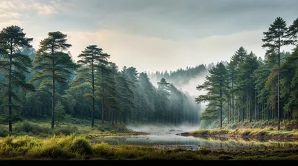 Foto op Aluminium AI generated illustration of mystical fog enveloping a dense forest on a tranquil morning © Wirestock