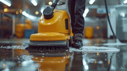 Fototapeta premium Close-up shot a worker washing office floor with cleaning machine