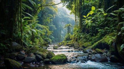 AI generated illustration of a gentle river murmuring through a sunlit jungle - obrazy, fototapety, plakaty