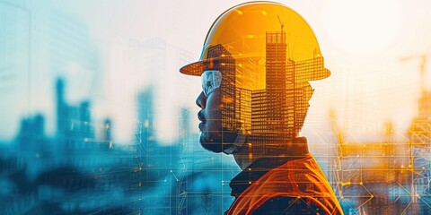 an engineer wearing a helmet and building in the background, with double exposure graphic design - obrazy, fototapety, plakaty