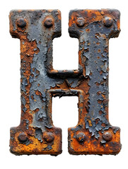 Letter H made of rusty metal in grunge style isolated on the white background.