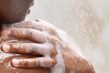 Close-Up of a Person Showering With Soap Suds on Skin - obrazy, fototapety, plakaty