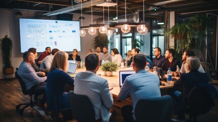 
Corporate meeting of IT industry employees who talk about new projects and the direction of company development