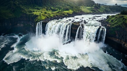 Obraz premium AI generated illustration of a roaring waterfall cascades down rugged cliffs