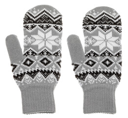 Nordic pattern woolen mittens isolated on white