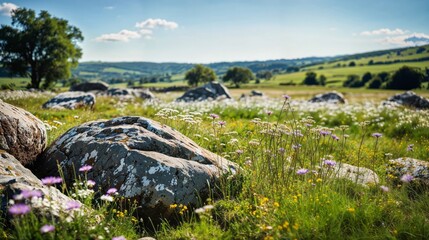 Fototapeta premium AI generated illustration of grass valley meadows surrounded by lush vegetation and blooming flowers