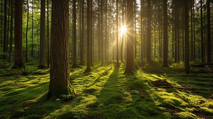 Landscape green mossy forest with beautiful light from the sun shining between the trees