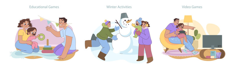 Family playtime series. Children and parents enjoying educational toys, video games, and snowy winter fun. Capturing cozy indoor and lively outdoor moments.