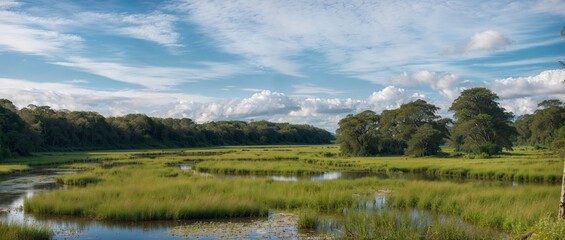 Fototapeta premium AI generated illustration of a valley of green meadows under a cloudy blue sky