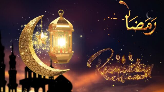 Ramadan candle lantern glows with rays on a rich Golden background. Shimmering Glittering Particles With Bokeh. 4K loop video animation. Ramadan Kareem. Islamic celebration. Muslims offers prayer. 