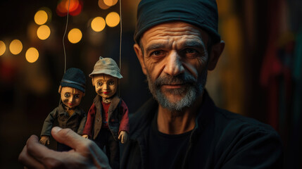 Obraz premium Portrait theater actor with Puppet on a blurred background