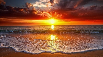 Fototapeta premium AI generated illustration of a Vibrant sunset casting its warm hues over the tranquil ocean