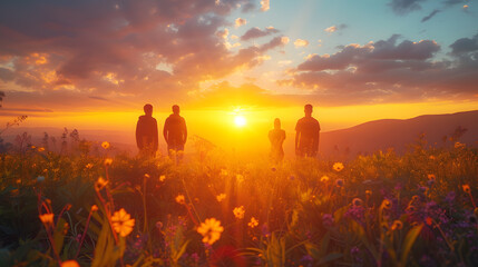 A breathtaking scene of people gathered under a radiant, golden sunset, expressing the shared joy and awe inspired by nature's beauty.