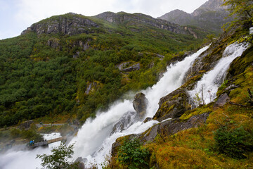 Autumn landscape in Briksdalbreen glacier valley in South Norway, Europe.
