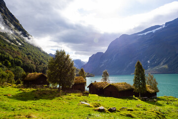 Traditional houses in Lovatnet lake valley in south Norway, Europe