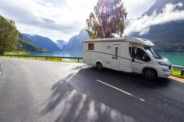 Motorhome camper in Lovatnet lake valley in south Norway, Europe - obrazy, fototapety, plakaty