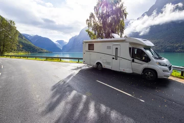 Fototapete Nordeuropa Motorhome camper in Lovatnet lake valley in south Norway, Europe
