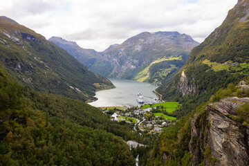Autumn landscape in Geiranger Fiord valley in south Norway, Europe