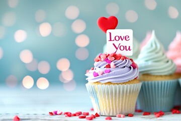 Close-up a delicious cupcake with greeting card on blurred background