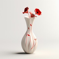 AI generated illustration of a white vase with red poppies on a white background
