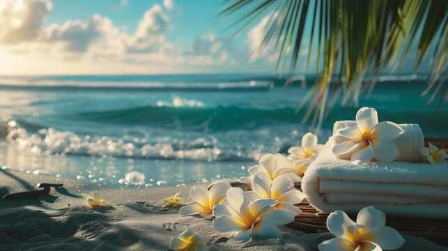 Towels, flowers and stones on the sand near the sea