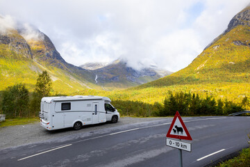 Motorhome camper in autumn in Trollstigen road in Norway, Europe